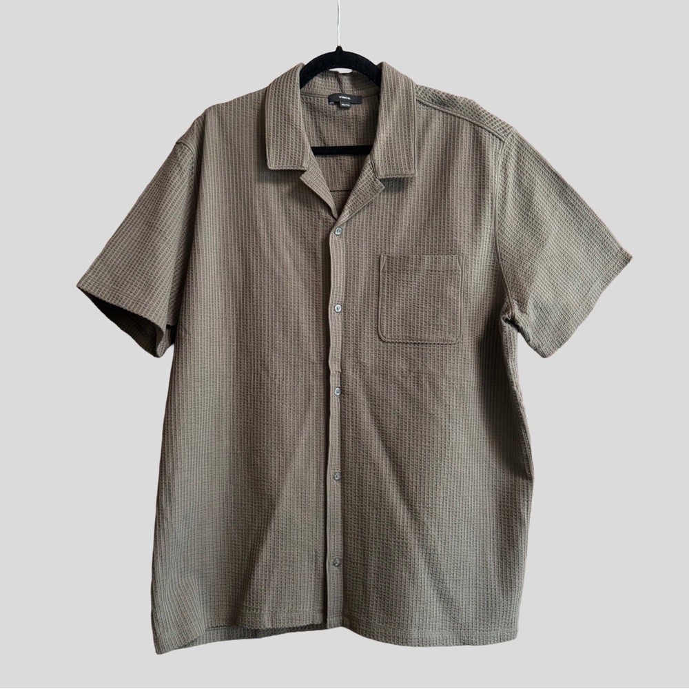 Vince Seersucker Knit Cotton Button Down Cabana Shirt in Olive Green Size XXL